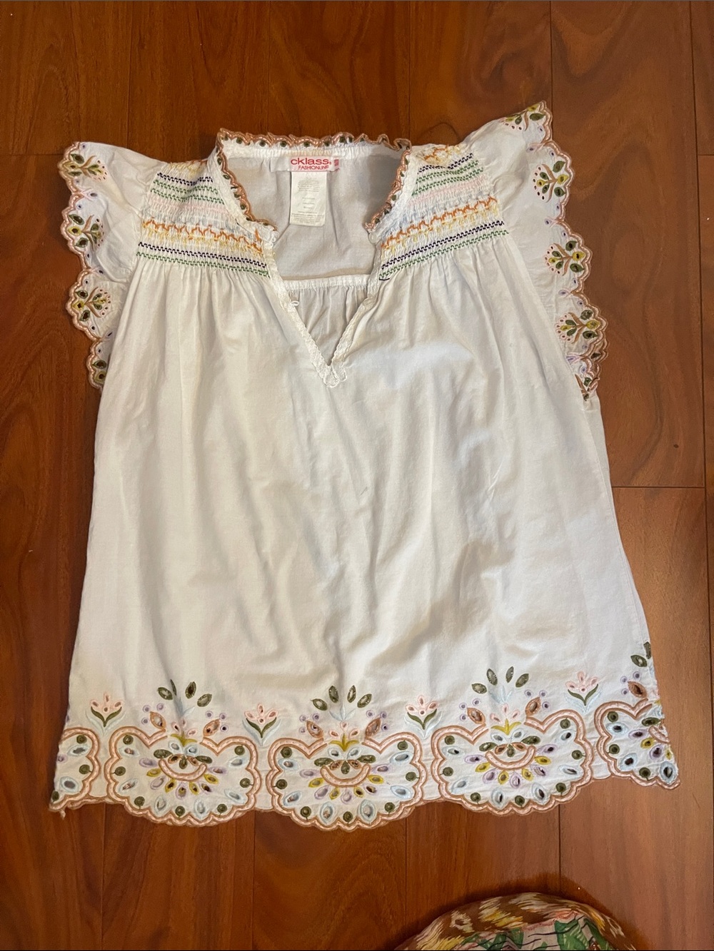 Sezane White Cotton Embroidered Flutter Sleeve Tunic
